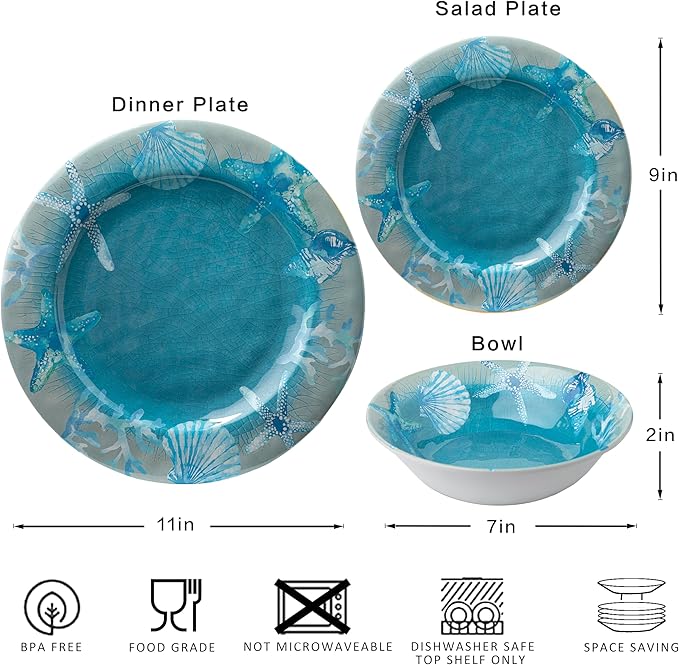12 PCS Melamine Dinnerware set Unbreakable Coastal Plates and Bowls Set Lightweight Chip Resistant Oceanic Dishes Set Service for 4 Great for Camper RV Indoors Outdoors Use
