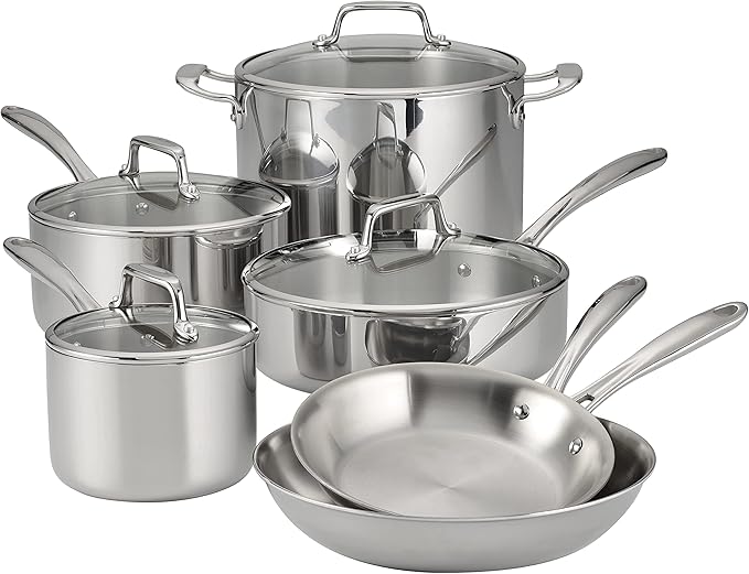 Tramontina Tri-Ply Clad Stainless Steel 10-Piece Cookware Set with Glass Lids Pots and Pans Kitchen Set Induction-Ready Dishwasher-Safe NSF-Certified