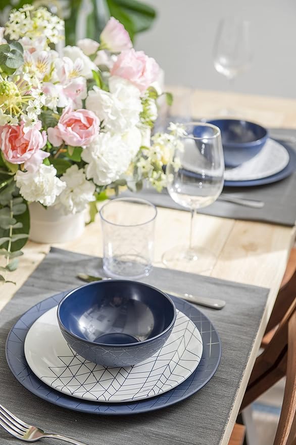 bzyoo 12 Piece Melamine Dinnerware Set - Durable Dishwasher Safe Plates and Bowls - Dinning Parties Camping Dish Set Spidy Blue Collection