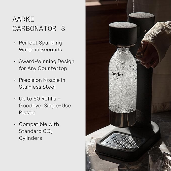 Aarke Carbonator lll with CO2 Cylinder Sparkling &amp Carbonation Water Machine Stainless Steel with PET BPA-Free Reusable Bottle Volume 1L/34 fl oz (Matte Black)
