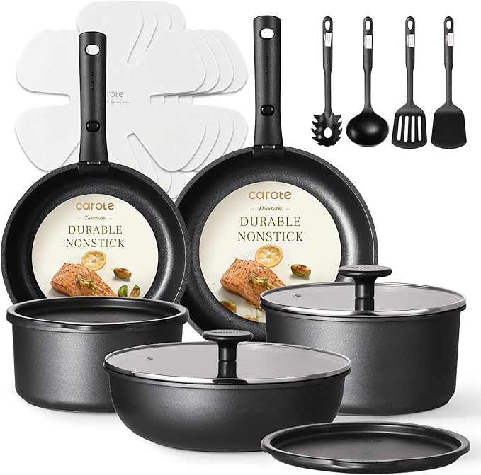 CAROTE 19Pcs Pots and Pans Set Non Stick Cookware Set Detachable Handle Nonstick Induction Kitchen Sets Non Stick with Removable Handle RV Cook Ware Oven Safe Black