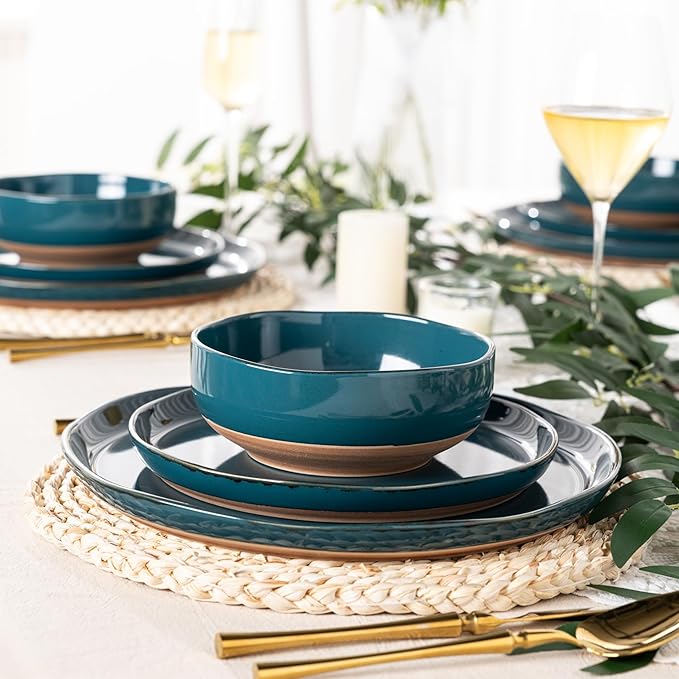 AmorArc Ceramic Dinnerware Sets for 4 12 Pieces Handpainted Plates and Bowls Set with Rustic Terracotta Underside Scratch Resistant Stoneware Dishes Set Dishwasher &amp Microwave Safe