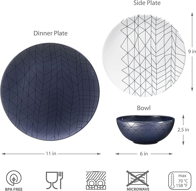 bzyoo Spidy Navy Collection: 12 PCS Dinnerware set 100% Melamine Plate Bowl &amp Tumbler &amp Platter Set for Casual dining Indoor and Outdoor Dining Party…