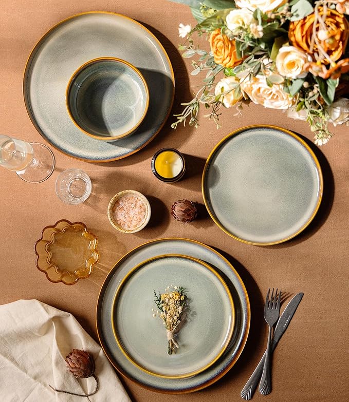 TheTerra Ceramic Dinnerware Sets for 4 12 Pieces Handmade Reactive Glaze Plates and Bowls Set Scratch Resistant Dish Set Oven &amp Microwave &amp Dishwasher Safe Dusk Blue