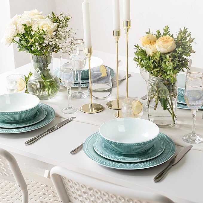 AELS Melamine Dinnerware Set of 12 Pcs Dinner Dishes Set for Indoor and Outdoor Use Melamine Plates and Bowls Set for 4 Dishwasher Safe Lightweight Unbreakable BPA Free Green