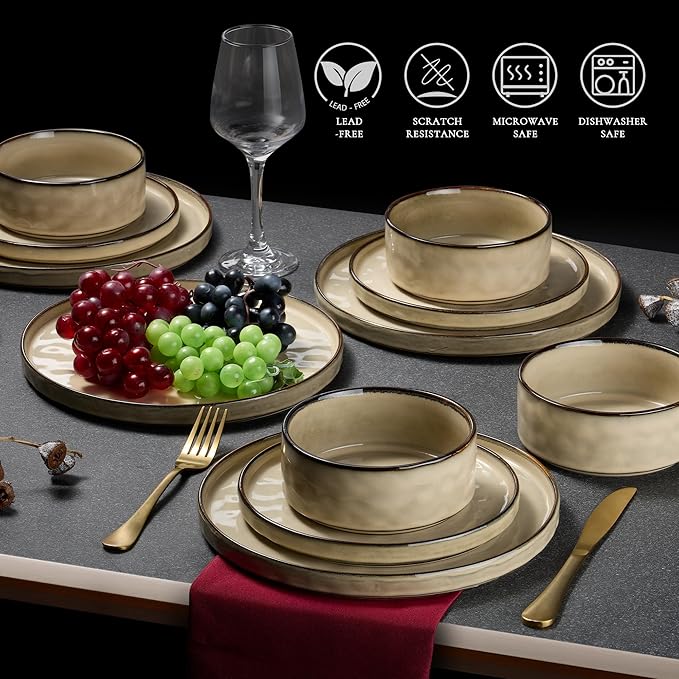 Vesteel Dinnerware Sets 12-Piece Stoneware Plates and Bowls Set Dishes Set for 4 Elegant Ceramic Dinnerware for Home Restaurant - Khaki