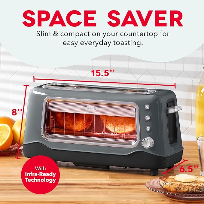 DASH Clear View Toaster: Extra Wide Slot Toaster with See Through Window - Defrost Reheat + Auto Shut Off Feature for Bagels Specialty Breads &amp other Baked Goods - Grey