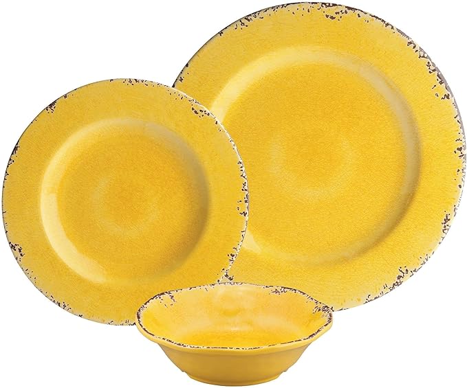 UPware 12 Piece Crackle Melamine Dinnerware Sets Outdoor Dishes Set Plates and Bowls Sets Service for 4 Yellow