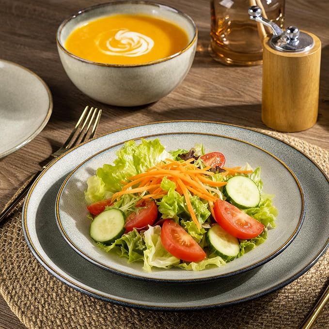 AmorArc Ceramic Dinnerware Sets for 8 24 Pieces Handpainted Stoneware Plates and Bowls Set Scratch Resistant Dishes Set Dishwasher &amp Microwave Safe Reactive Color