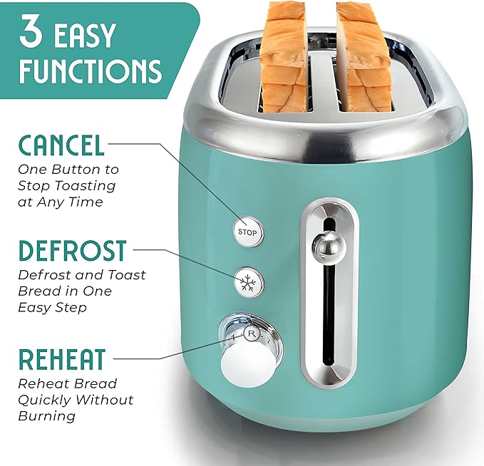 Mueller Retro Toaster 2 Slice with 7 Browning Levels and 3 Functions: Reheat Defrost &amp Cancel Stainless Steel Features Removable Crumb Tray Under Base Cord Storage Turquoise
