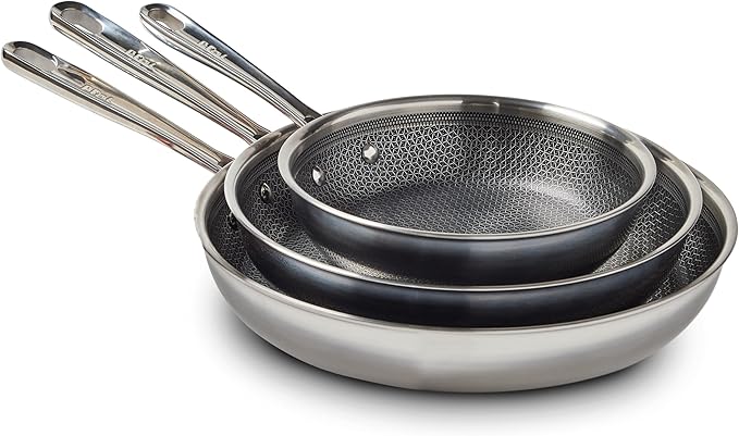 T-fal HybridMesh Tri-Ply Stainless Steel 3 Piece Frypan Cookware Set 8 10.25 12 Inch Induction Oven Safe 500F Metal Utensil Safe Pots and Pans Dishwasher Safe Needs Pre-Heating Silver/Black