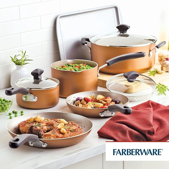 Farberware Cookstart DiamondMax Nonstick Cookware/Pots and Pans Set Dishwasher Safe Includes Baking Pan and Cooking Tools 15 Piece - Copper