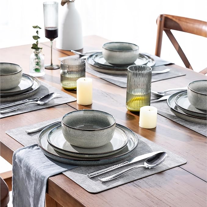 GBHOME 24 Pieces Double Bowls Ceramic Dinnerware Sets for 6 Stoneware Plates and Bowls Set with Reactive Glaze Scratch Resistant Stoneware Dishes Set Dishwasher &amp Microwave Safe