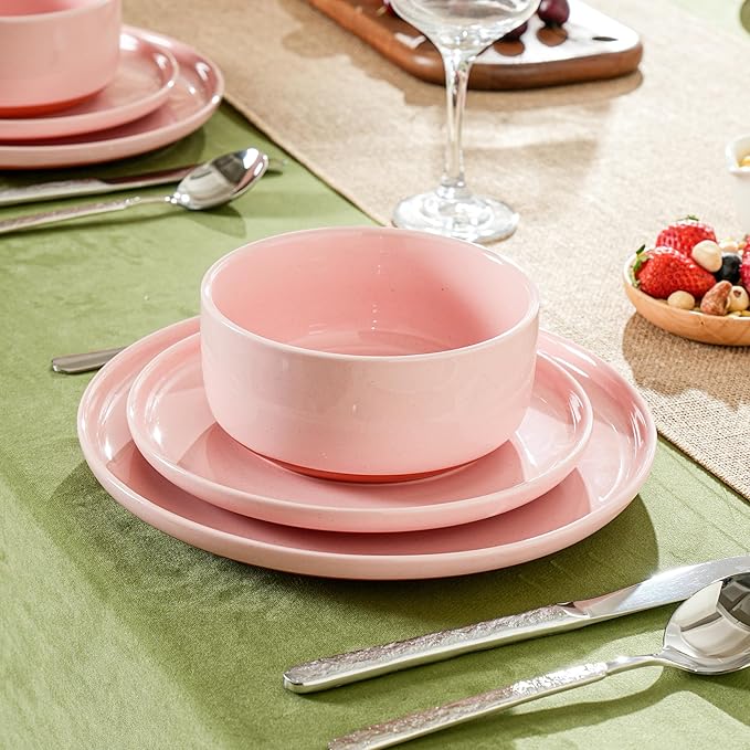 Plates and Bowls Sets 12 Piece Ceramic Dinnerware Set for Family and GatheringsDishes Set for 4Dishwasher &amp Microwave Safe Handcrafted Dishware SetsElegant Pink