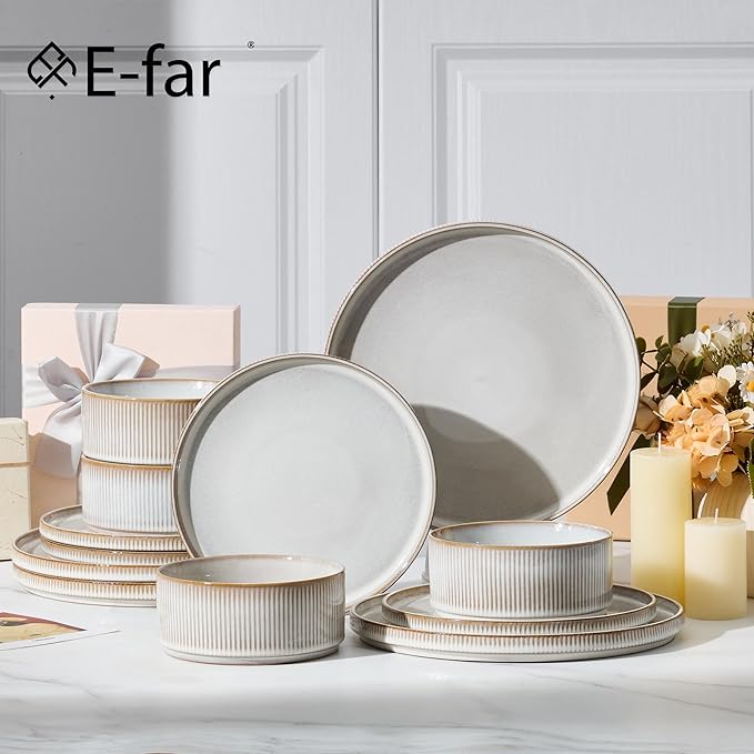 E-far Stoneware Dinnerware Sets 18-Pieces Modern Plates and Bowls Sets Kitchen Dinning Porcelain Dishes Set for 6 Chip &amp Scratch Resistant Dishwasher &amp Microwave Safe Creamy Beige