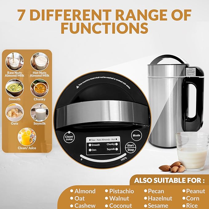 Crayton Nut Milk Maker Machine with Built-in Strainer 51oz/ 1.5L Stainless Steel Almond Milk Maker for Soy Almond Oat Cashew Nut Milks &amp More 7-in-1 Multi-Functional 6-7 Cups Per Batch 120V