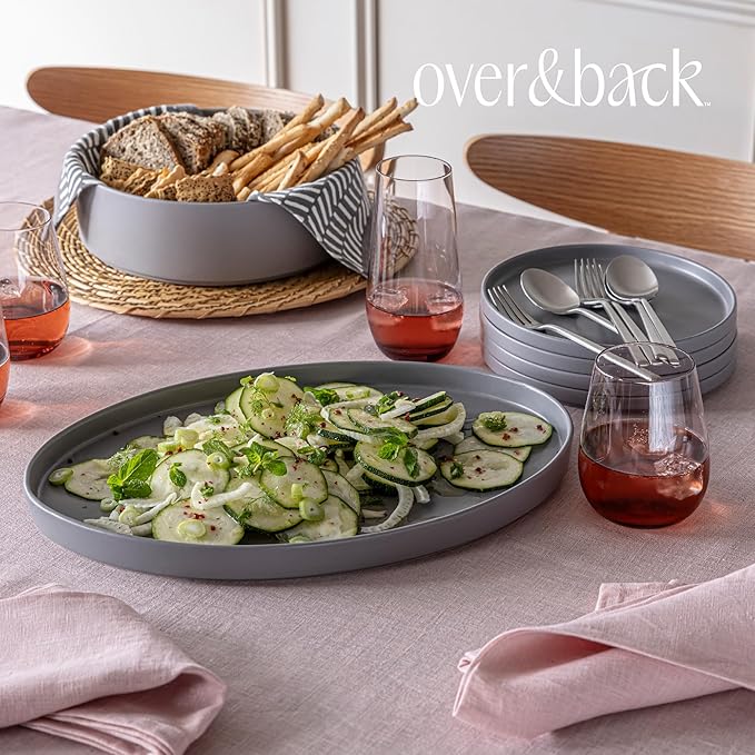 over&ampback Stackable Stoneware Serving Platter - Elegant 1-Piece Oval Serving Platter to Complete Your Kitchen Set - Perfect for Appetizers Desserts and More - 16 L x 11 W - Semi-Matte Charcoal