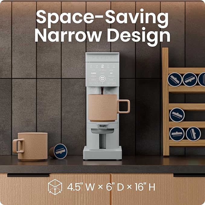 Chefman Caffeinator Single Serve Coffee Maker Brew Kcups &amp Grounds Drip Coffee Machine with Brew Strength Settings Iced Coffee Function 48 oz. Removable Water Reservoir