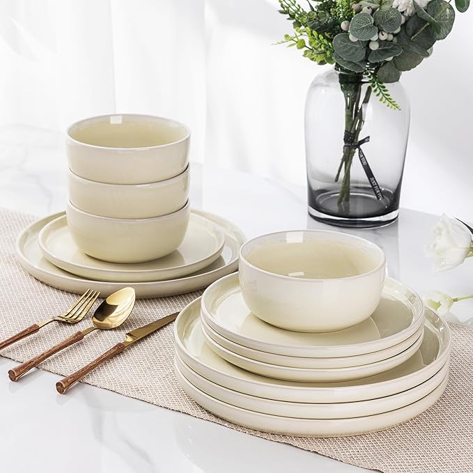 AmorArc Stoneware Dinnerware Sets for 4Round Reactive Glaze Ceramic Plates and Bowls SetHighly Scrath Resistant | Dishwasher &amp Microwave Safe Dishes SetService for 4 (12pc)