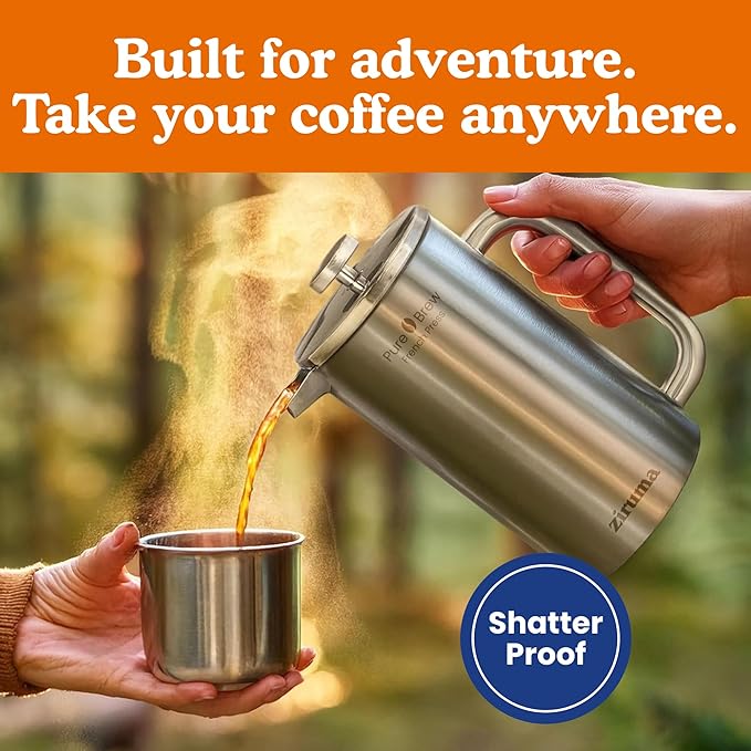 Ziruma Non-Toxic French Press Surgical Stainless Steel Coffee Press Plastic-Free Heavy Metal-Free No Endocrine Disruptors 34 Oz Double Wall 4-Layer Filter Portable Coffee Maker