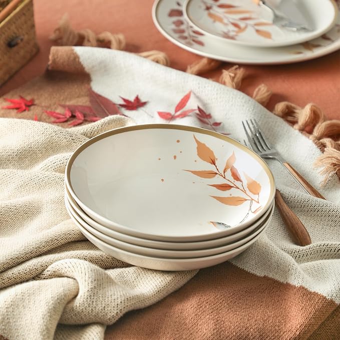Stone Lain Maple 12-Piece Dinnerware Set Porcelain Plates and Bowls Set Dishwasher and Microwave Safe Dish Set for 4 White