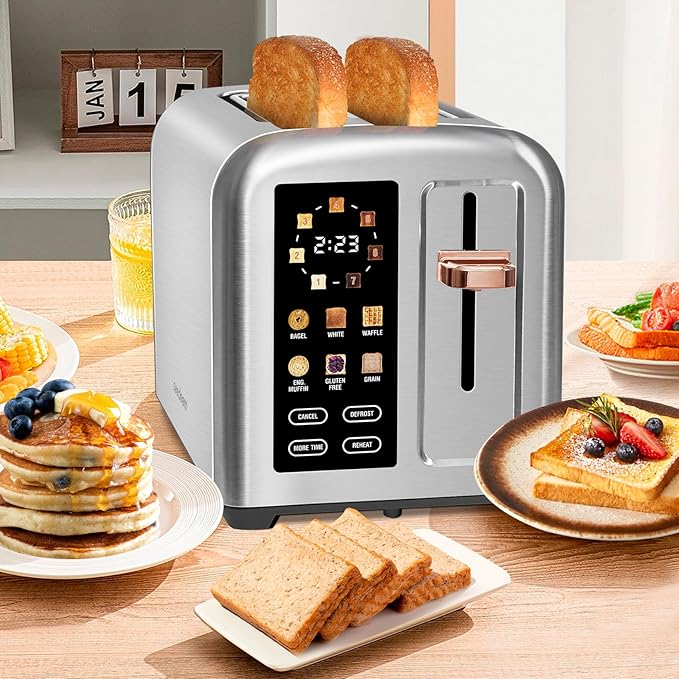 SEEDEEM Toaster 2 Slice Touch Control Stainless Toaster LCD Display 50% Faster Heating Speed 1.4'' Wide Slots More Timer Functions Removable Crumb Tray 1350W Silver Metallic
