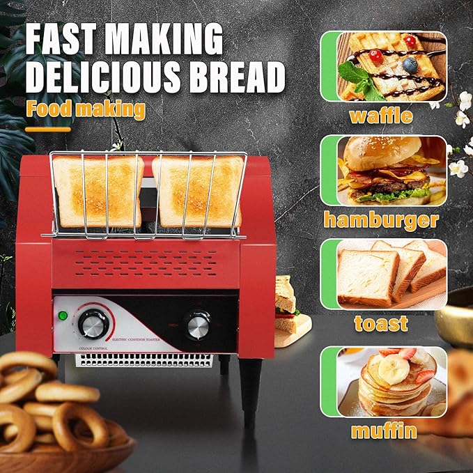 Commercial Conveyor Toaster 300 Slices/Hour Red Conveyor Toaster 3 Modes/7 Speeds Stainless Steel Tabletop Toaster for Toast Bagels and Other Baked Breads
