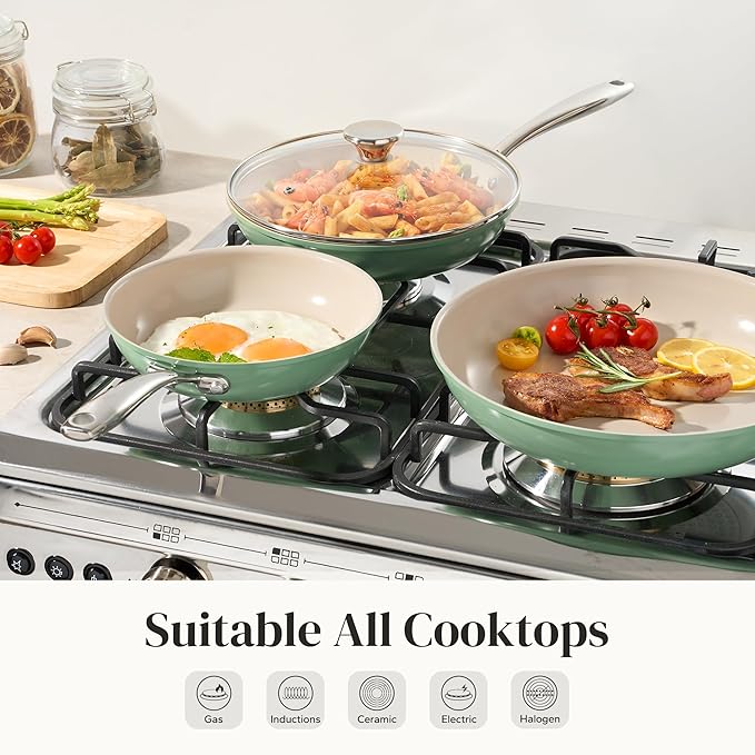 Redchef Nonstick 6-Piece Fry Pan Set 8 9.5 and 11 Inch Frying Pans with Tempered Glass Lids Stay-Cool Handles Dishwasher &amp Oven Safe Induction Safe Compatible with All Cooktops Green