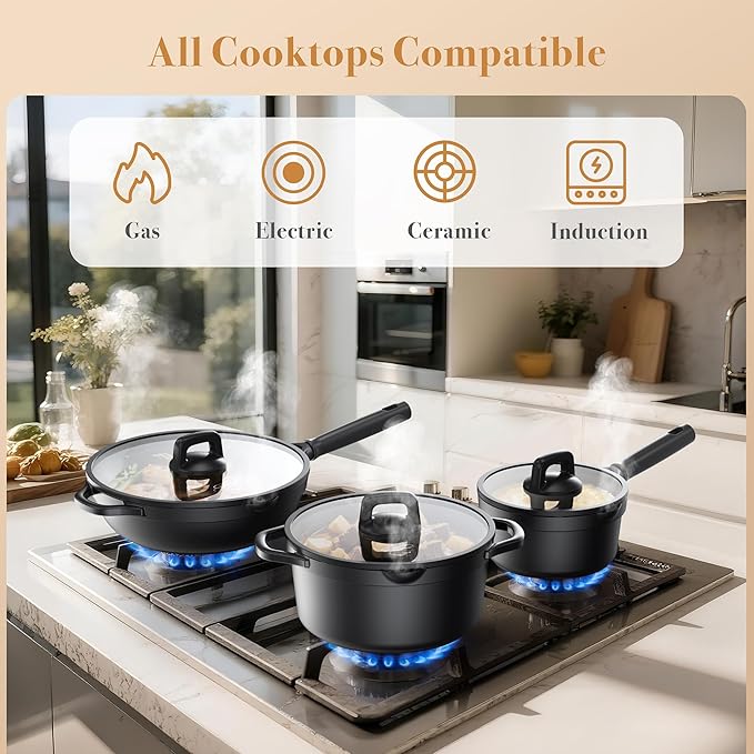 Nonstick pots and pans set 14 Pcs Induction Cooking Set with Pour Spouts and Oven Safe for Casserole PFOA FREE Classic BlackCompatible with All CooktopsHeat-resistant and comfortable handle