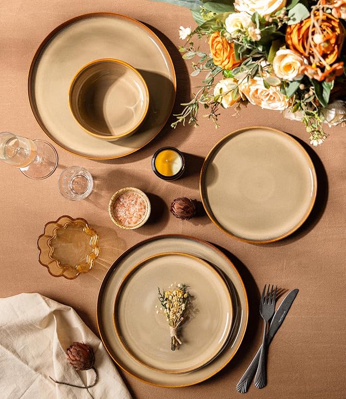 TheTerra Ceramic Dinnerware Sets for 4 12 Pieces Handmade Reactive Glaze Plates and Bowls Set Scratch Resistant Dish Set Oven &amp Microwave &amp Dishwasher Safe Creamy Amber