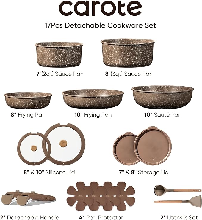 CAROTE 17PCS Pots and Pans Set Non Stick with Detachable Handle Nonstick Cookware Sets Cooking Kitchen Set Oven/Dishwasher Safe Induction Cookware Brown RV Kitchen Pot and Pan
