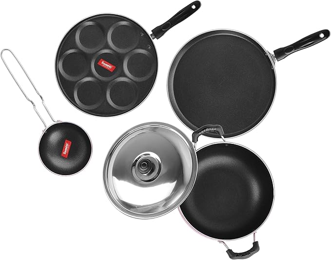 Sumeet 2.6mm Thick Non-Stick Ronga Cookware set (Dosa Tawa – 26.5cm Dia + Multi snack maker – 26.5cm Dia + Kadhai With Lid – 1.5Ltr capacity- 20cm Dia + Tadka Pan – 10cm Dia)