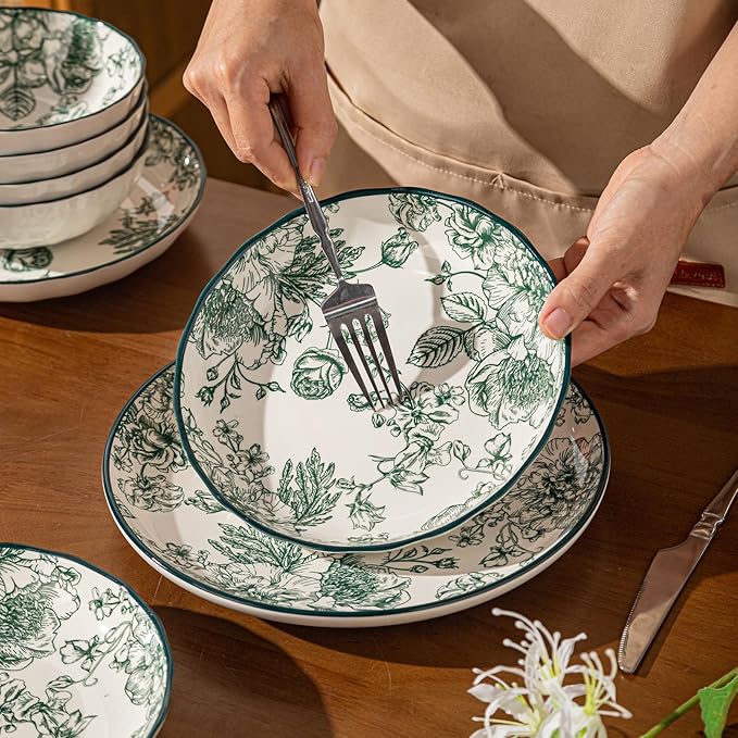 24-Piece Dinnerware Set Service 8 Porcelain Plates and Bowls Set Vintage Green Rose Scalloped Edge French Country Aesthetic Microwave Dishwasher Safe