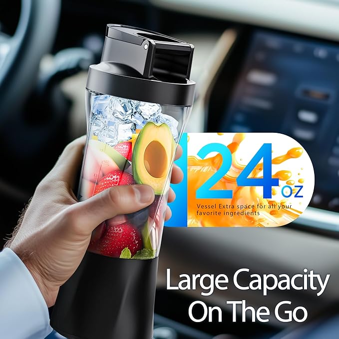 Portable Blender Cordless 24oz. Vessel Personal Blender-for Shakes &amp Smoothies BPA Free Leakproof-Lid &amp Sip Spout USB-C Rechargeable &amp Self Cleaning - Travel with 6 Sharp Blade Blac