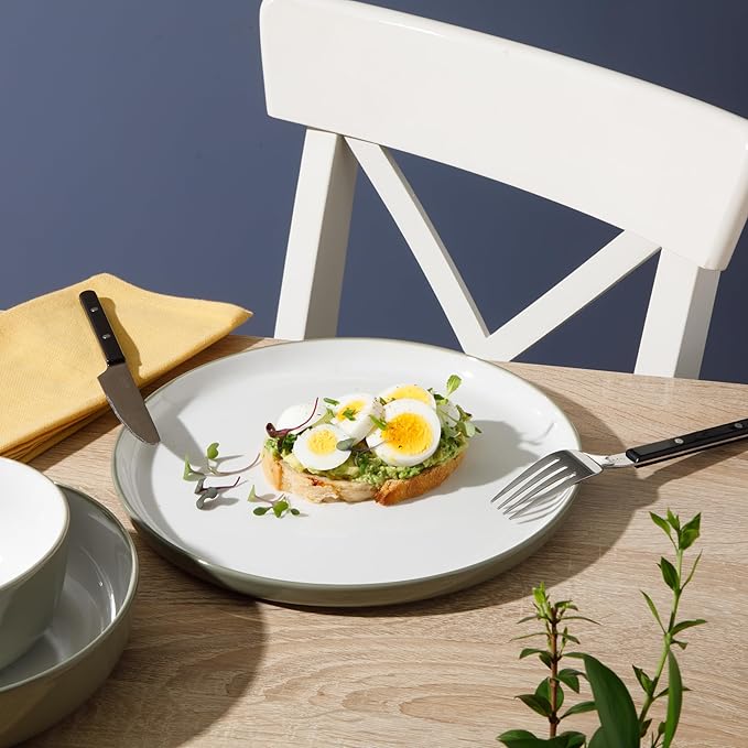 Sur La Table Kitchen Essentials 16 Piece Two-Tone Porcelain Chip and Scratch Resistant Dinnerware Plates and Bowls Set - Grey/White