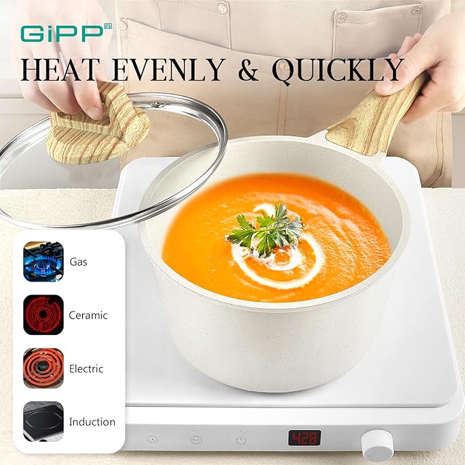 GiPP Pots and Pans Set Non Stick - 14 Pcs White Granite Kitchen Cookware Sets Nonstick Induction Cookware Cooking Pan Set with Frying Pans Saucepans and Silicone Utensils PFOS &amp PFOA Free