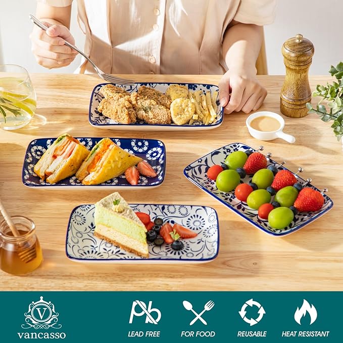 vancasso SELENE Plates and Bowls Set for 4 12 Pieces Dinnerware Sets 8.5 Inch Rectangular Salad Plates Set of 6 Ceramic Salad Plates for Sushi Dessert Appetizer