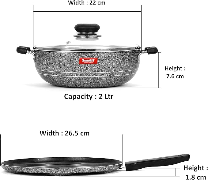 Sumeet NonStick Sudrabs Cookware Set (Kadhai with Glass Lid -2Ltr - 22Cm Dia + Multi Snack Maker - 7 Cavity - 26.5Cm Dia)