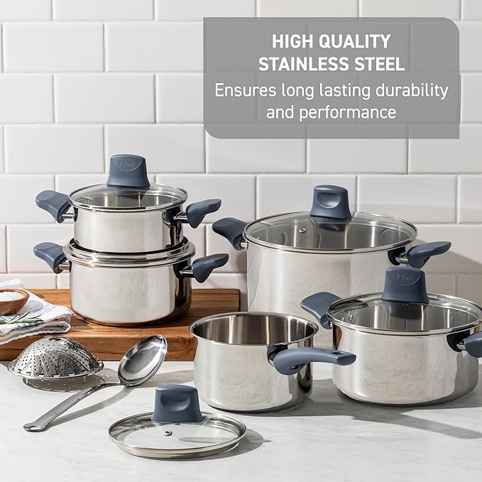 T-fal Essentials Stainless Steel Saute Pan w/Non Stick Coating &amp Glass Lid 3.5 Quart All Cooktops Including Induction Oven Safe 350F Heat Indicator Measuring Marks Dishwasher Safe Silver/Bl