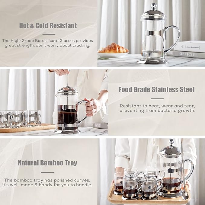 DUJUST Silver French Press Set with 6 Cups &amp Tray Luxury Design Coffee Maker with 4-Level Filter System Hot &amp Cold Resistant Glass French Coffee Press Set Well Packed Holiday Gift &amp Ho
