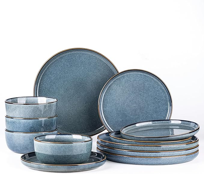 GBHOME Ceramic Dinnerware Sets for 4 12 Pieces Stoneware Plates and Bowls Sets Reactive Glaze Dishes -Scratch Resistant Dishwasher&ampMicrowave Safe Space Blue