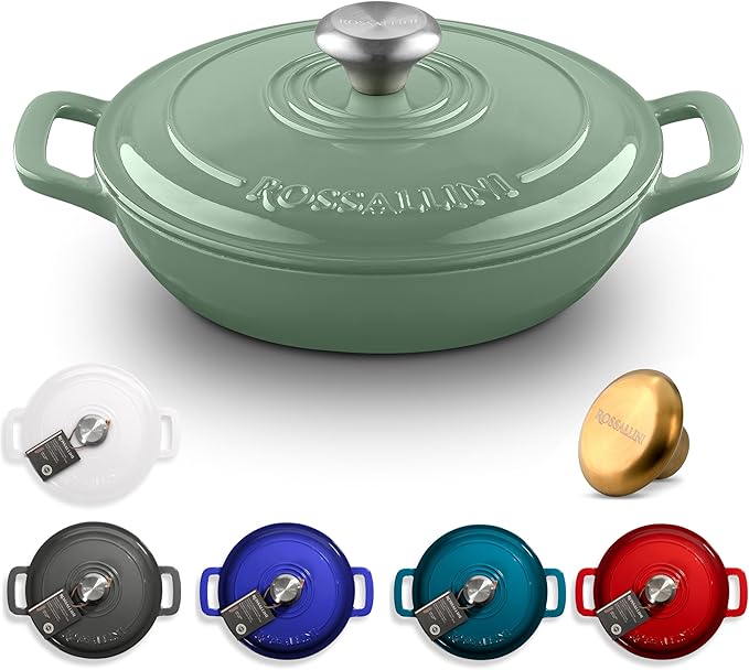 Signature Enameled Cast Iron Braiser Non-Stick Serving Pot with Tight Fitting Lid for Perfect Roasting Baking Sauteing Searing and Pan Frying | 5Q (4.7L) - Sage