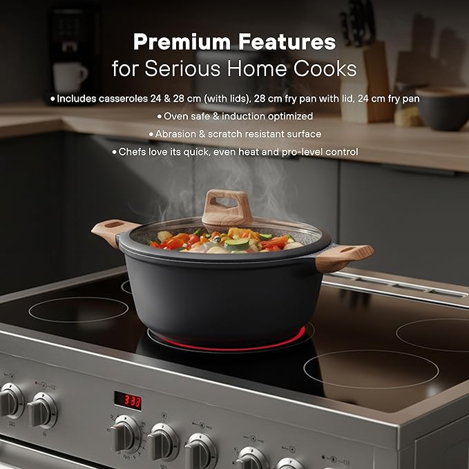 KOCHSTELLE 7-Piece Granite Cookware Set with Lids | Non-Stick Aluminum Pots and Pans Set with Wood Handles | Ceramic Pan Set + 3-Piece Silicone Utensils | Durable Cooking Set