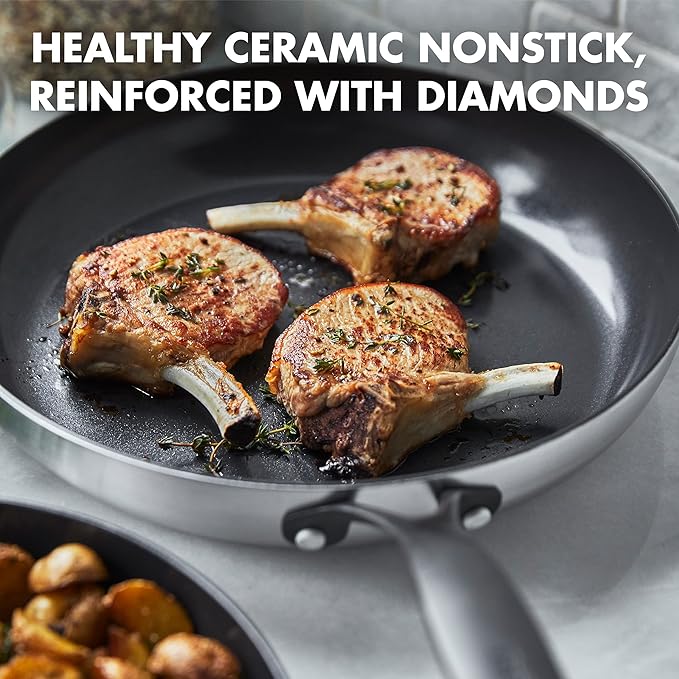 GreenPan Venice Pro Noir Tri-Ply Stainless Steel Healthy Ceramic Nonstick 12 Frying Pan Skillet with Lid Matte Black Handle PFAS-Free Multi Clad Induction Dishwasher Safe Oven Safe Silver