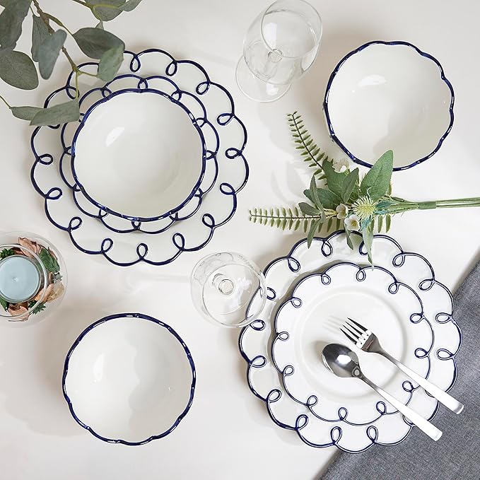 Sango 12-Piece Earthenware Dinnerware Set for 4 Glossy White Plates and Bowls Sets with Navy Scalloped Rims Premium Dish Set Dishes for Hosting Parties Birthday &amp Wedding Gifts Splash of Chee