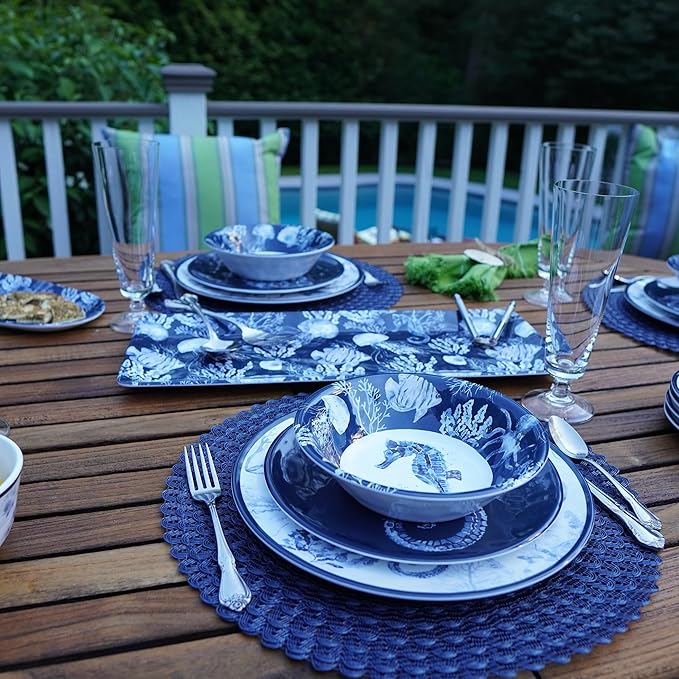 Sea Life Melamine 12 Piece Dinnerware Set – Service for 4 Coastal Themed Plates and Bowls with Ocean Art Reusable Nautical Dinnerware for Indoor/Outdoor Dining Dishwasher Safe Break-Resistant
