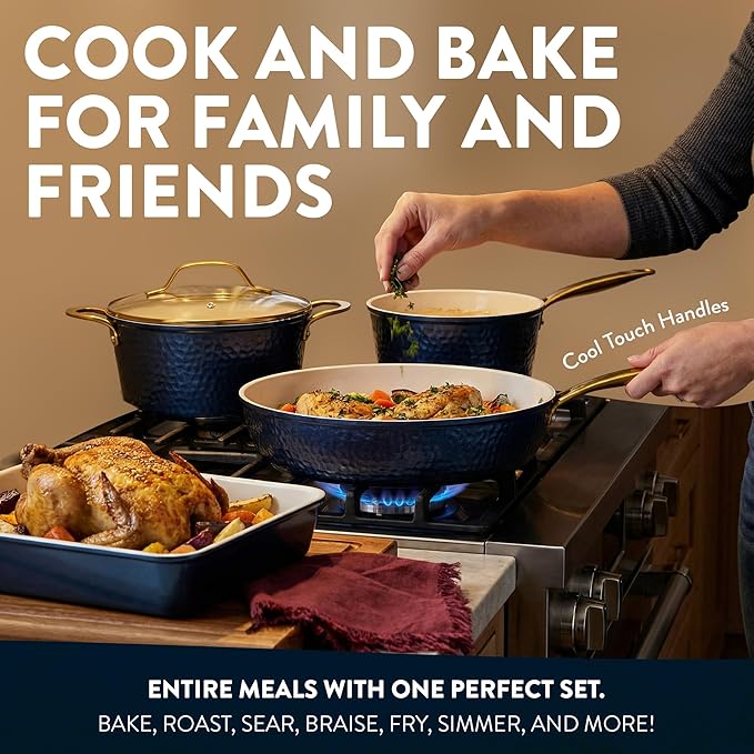 Gotham Steel Hammered 20Pcs Ceramic Cookware Set Induction Pots and Pans Set Non Stick with Deep Fry Pan Steamer &amp Bakeware Non Toxic PFOA PFOS Free Oven &amp Dishwasher Safe