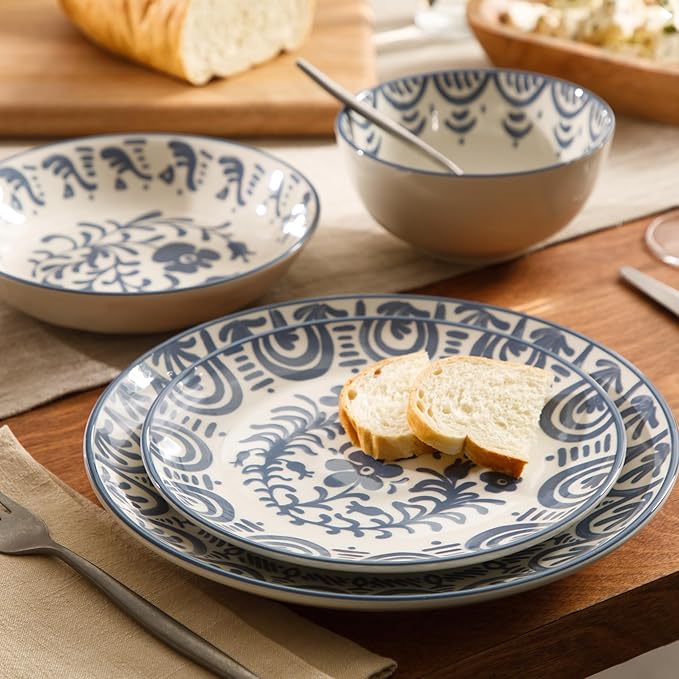 Bloomhouse - 2-Time Oprah’s Favorite Things - Valencia Flor 16 Piece Dinnerware Set Artisanal Decorated Stoneware Plates &amp Bowls Service for 4 Microwave &amp Dishwasher Safe Iris Blue