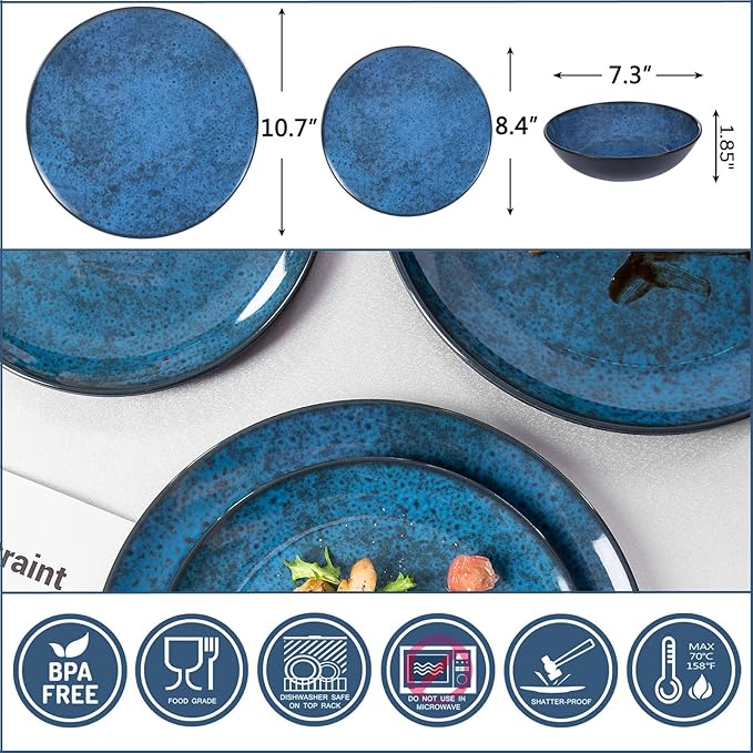 Melamine Dinnerware Sets for 4 Dinner Plates Bowls Set Unbreakable Melamine Classic Blue Dinnerware Dishwasher Safe Tableware Sets for Everyday Use 12 Pcs