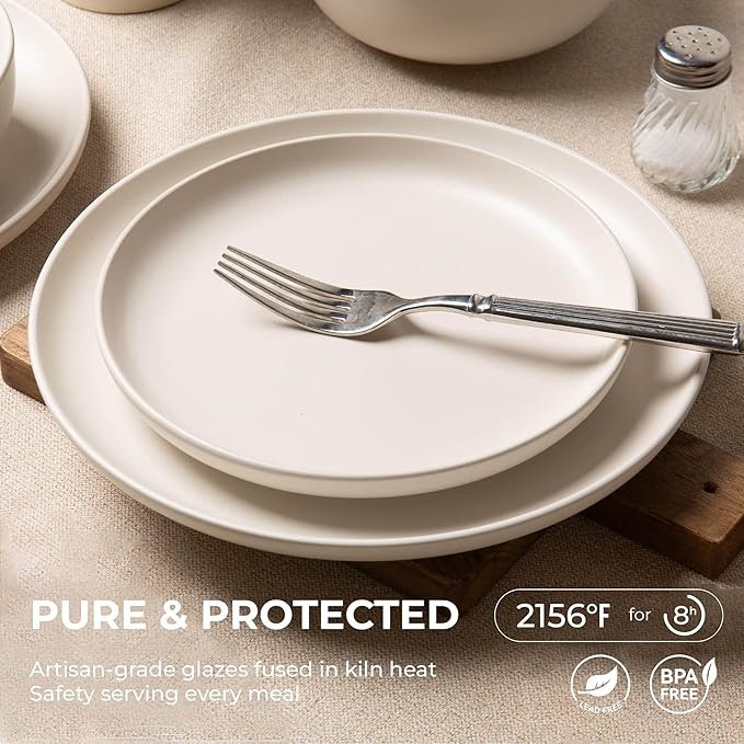 12-Piece Matte White Dinnerware SetStoneware Dinnerware for 3 Microwave &amp Dishwasher Safe Stackable Design for Kitchen and Dining - PlatesBowls and Mugs